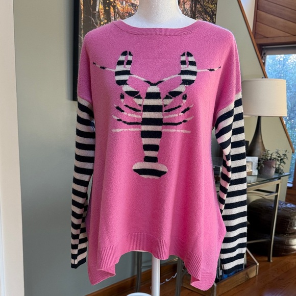 Autumn Cashmere 100% cashmere Pink Striped Lobster Sweater sz S - Picture 4 of 7